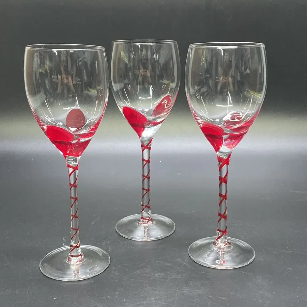 Set of 3 Pier 1 Hand Blown Wine Glass‎ Goblets Red Swirl Twisted Stem Tear Drop